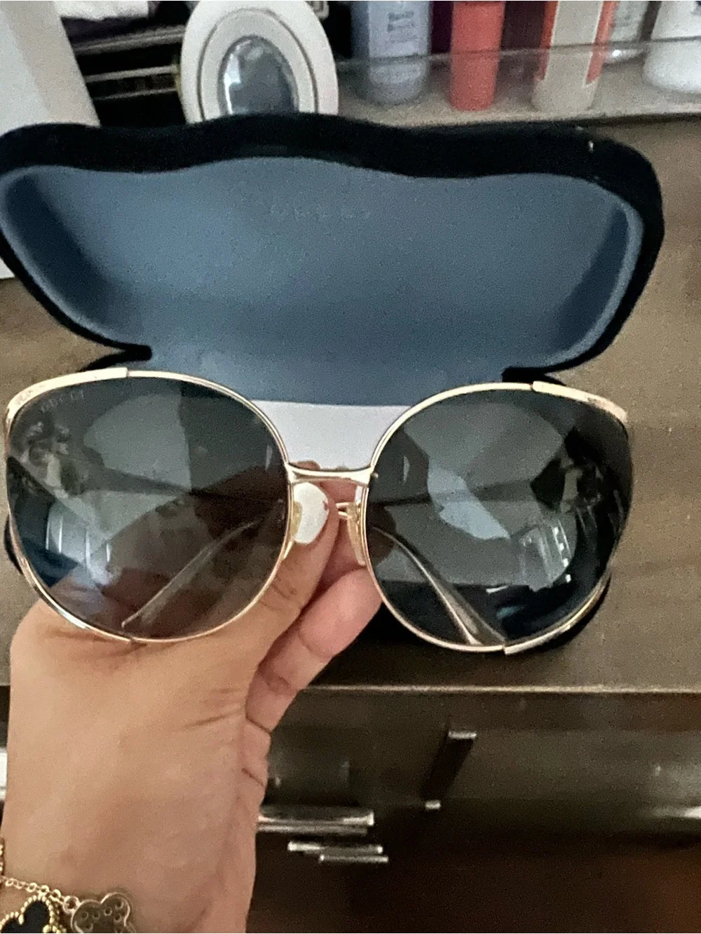 Gucci Gold Frame Black Lens Women's Round Aviator Sunglasses with GG Temples